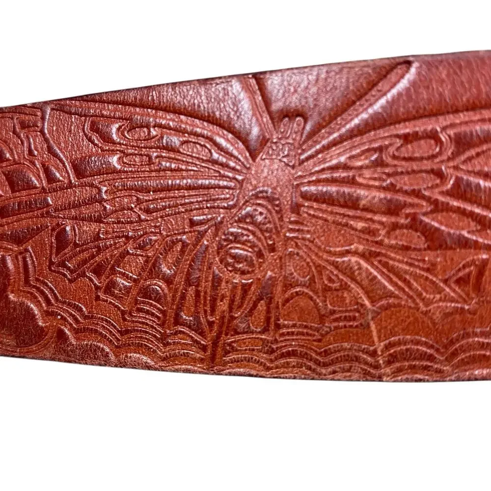Vintage Fossil Boho Brown Leather Belt Size M Embossed Butterflies 29